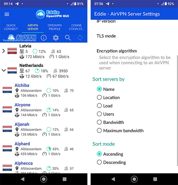 AirVPN Android interface