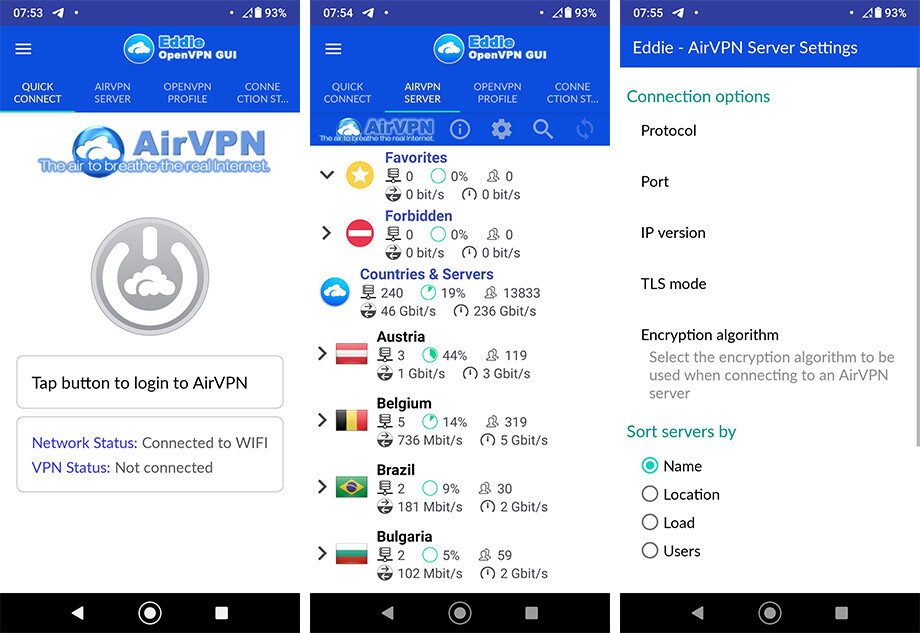 AirVPN Android interface