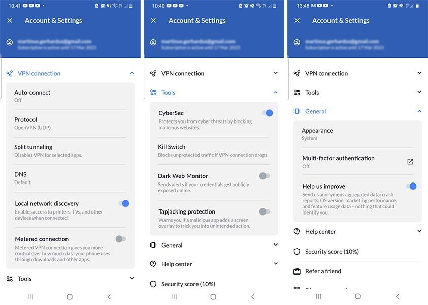 NordVPN Android app instellingen