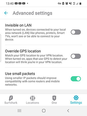 Surfshark Android Advanced instellingen