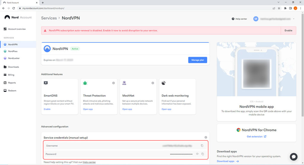 NordVPN service credentials