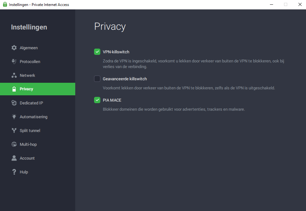 PIA VPN Windows instellingen - protocols